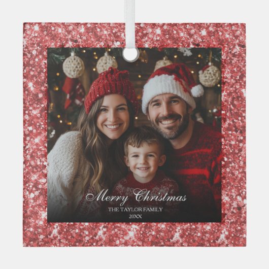 Moderne Elegante Rode Glitter Kerstmis Familiefoto Glas Ornament (Voorkant)