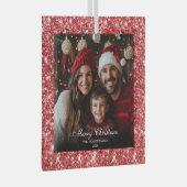 Moderne Elegante Rode Glitter Kerstmis Familiefoto Glas Ornament (Voorkant Rechts)