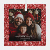 Moderne Elegante Rode Glitter Kerstmis Familiefoto Glas Ornament (Achterkant)
