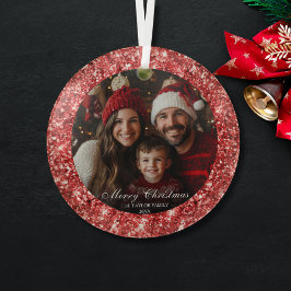 Moderne Elegante Rode Glitter Kerstmis Familiefoto Glas Ornament