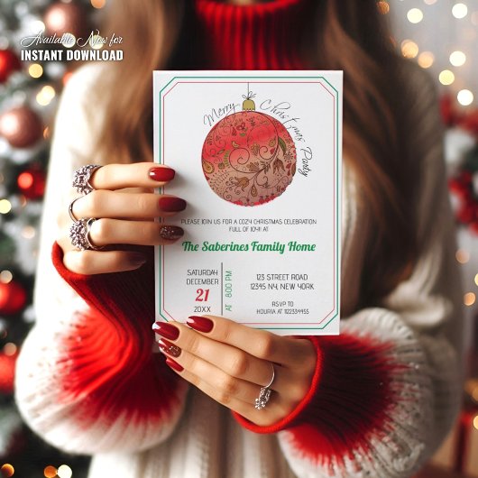 Moderne Elegante Rode Kerst Doodle Ornament Kaart