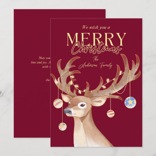 Moderne Elegante Rode Kerst Script Rendier Feestdagenkaart (Voorkant / Achterkant)