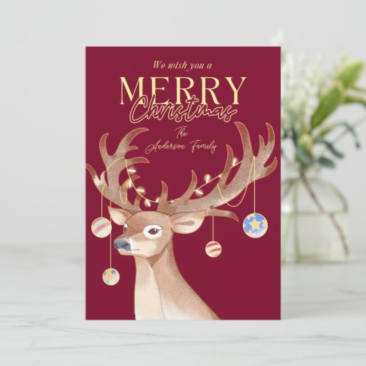 Moderne Elegante Rode Kerst Script Rendier Feestdagenkaart (Staand voorkant)