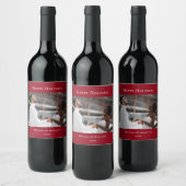 Moderne Elegante Rode Kerstmis Vakantie Familie Fo Wijn Etiket (Flessen)