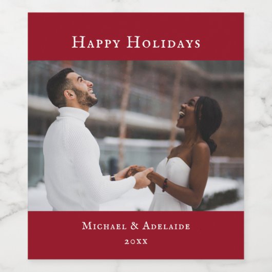 Moderne Elegante Rode Kerstmis Vakantie Familie Fo Wijn Etiket (Enkel label)
