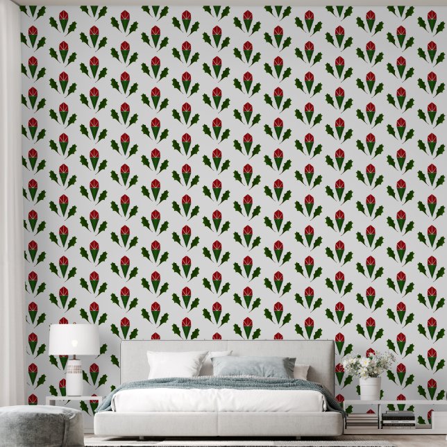 Moderne Elegante Rode Rozen & Groene Holly Patroon Behang (Slaapkamer)
