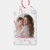 Moderne Elegante Rode Script Foto Prettig Kerstfee Cadeaulabel (Voorkant)