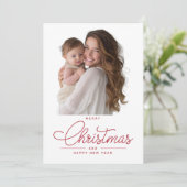 Moderne Elegante Rode Script Foto Prettig Kerstfee Feestdagenkaart (Staand voorkant)
