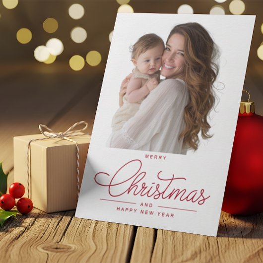 Moderne Elegante Rode Script Foto Prettig Kerstfee Feestdagenkaart
