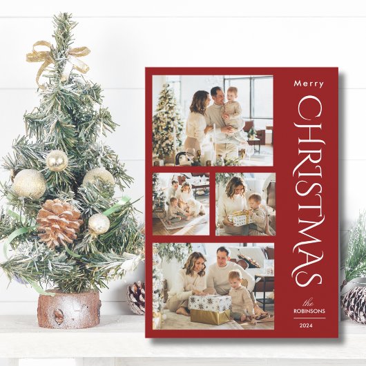 Moderne Elegante Rode Vier Foto Collage Kerstmis Feestdagenkaart