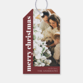 Moderne Elegante Rode Vrolijke Kerstmis Familiefot Cadeaulabel