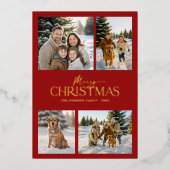 Moderne Elegante Rode Vrolijke Kerstmis Familiefot Folie Feestdagenkaart (Voorkant)