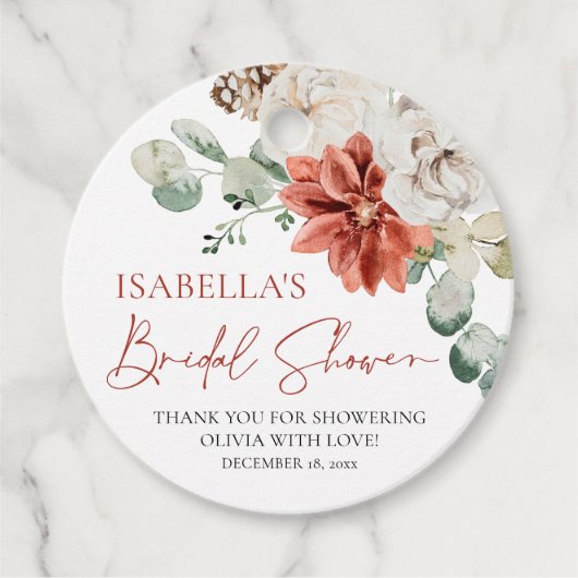 Moderne Elegante Rode Winter Kerst Bruiloft Bridal Bedankjes Labels (Voorkant)