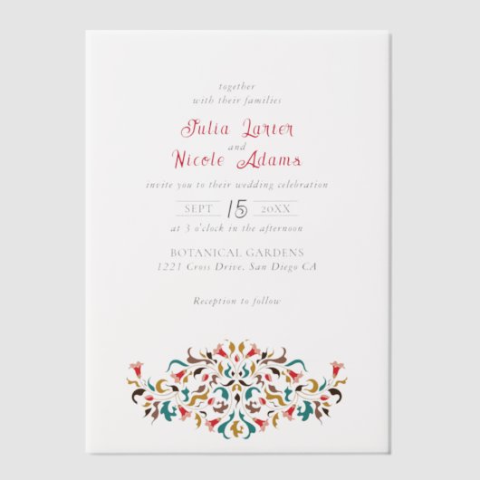 Moderne Elegante Romantische Bloemen Krans Trouwen Vellum Uitnodigingen (Voorkant)