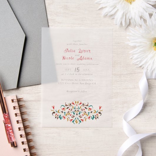 Moderne Elegante Romantische Bloemen Krans Trouwen Vellum Uitnodigingen (Huwelijk)