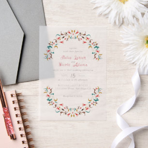 Moderne Elegante Romantische Bloemenkrans Bruiloft Vellum Uitnodigingen