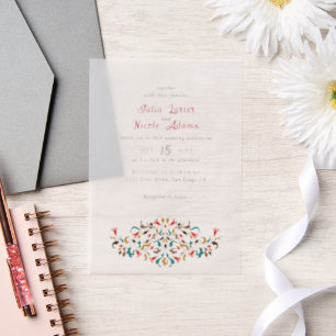 Moderne Elegante Romantische Bloemenkrans Bruiloft Vellum Uitnodigingen