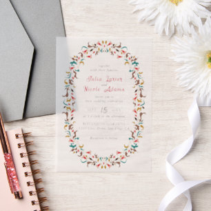 Moderne Elegante Romantische Bloemenkrans Bruiloft Vellum Uitnodigingen