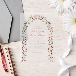 Moderne Elegante Romantische Bloemenkrans Bruiloft Vellum Uitnodigingen