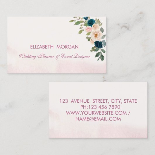Moderne elegante Romantische Waterverf Blauwe Bloe Visitekaartje (Voorkant / Achterkant)