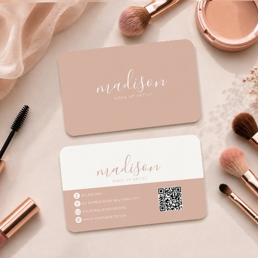 Moderne Elegante Ronde Blush Roze Script QR-code Visitekaartje