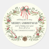 Moderne Elegante Rood Groene Kerst Bloemenkrans Ronde Sticker (Voorkant)