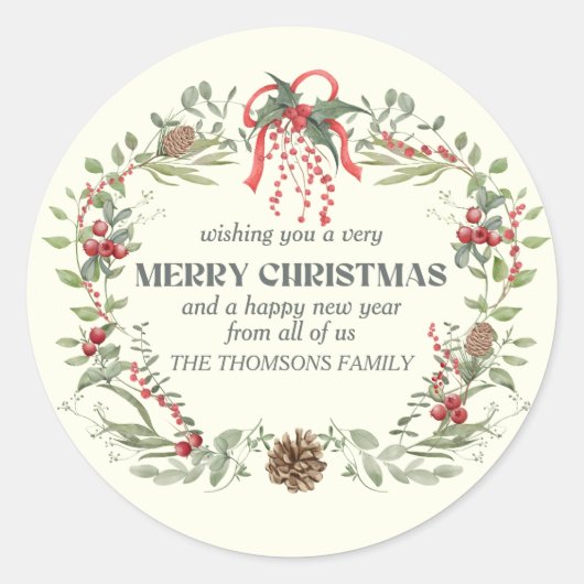 Moderne Elegante Rood Groene Kerst Bloemenkrans Ronde Sticker (Voorkant)