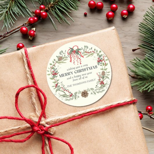 Moderne Elegante Rood Groene Kerst Bloemenkrans Ronde Sticker