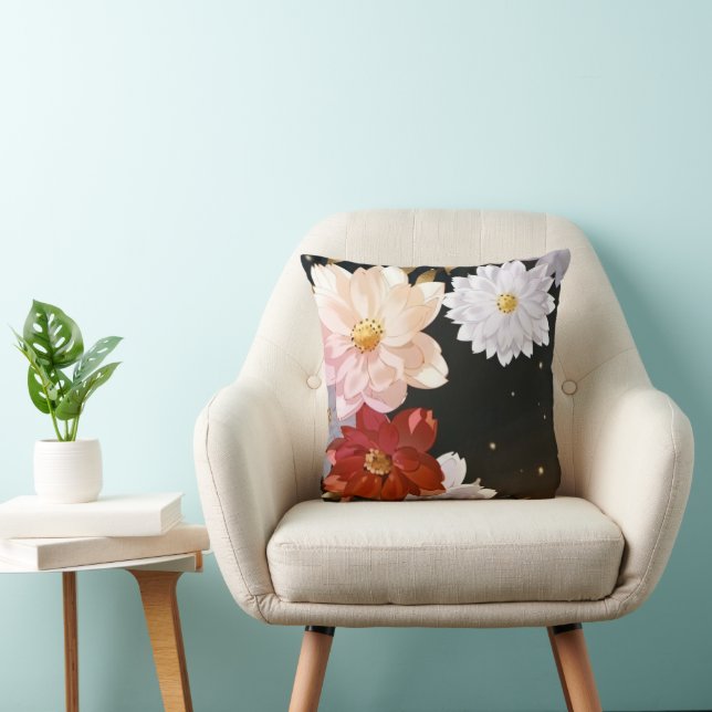 Moderne Elegante Rood Wit Roze Bloemen Kussen (Stoel)