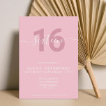 Moderne Elegante Roze 16e Verjaardag Uitnodiging<br><div class="desc">Moderne meisjesachtige vrouwelijke roze 16e verjaardag uitnodiging. Minimalistisch 16e verjaardagsuitnodiging sjabloon ontwerp met elegante kalligrafie met handschrift lettertype.</div>