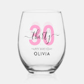 Moderne Elegante Roze 30e Verjaardag Wijnglas Zonder Voet (Achterkant)
