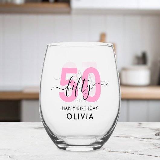 Moderne Elegante Roze 50ste Verjaardag Wijnglas Zonder Voet