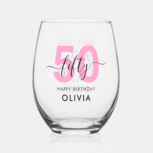 Moderne Elegante Roze 50ste Verjaardag Wijnglas Zonder Voet (Voorkant)