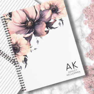 Moderne Elegante Roze Bloem Initialen Monogram Notitieboek