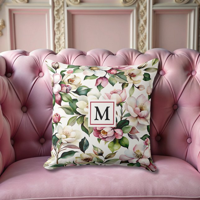 moderne elegante roze bloemen Monogram vrouwelijk Kussen (Creator heeft geüpload)