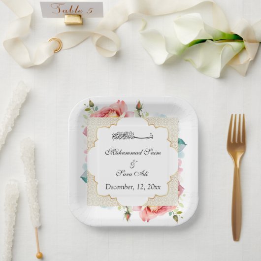Moderne Elegante Roze Bloemen Nikah Moslim Uitnodi Papieren Bordje (Huwelijk)