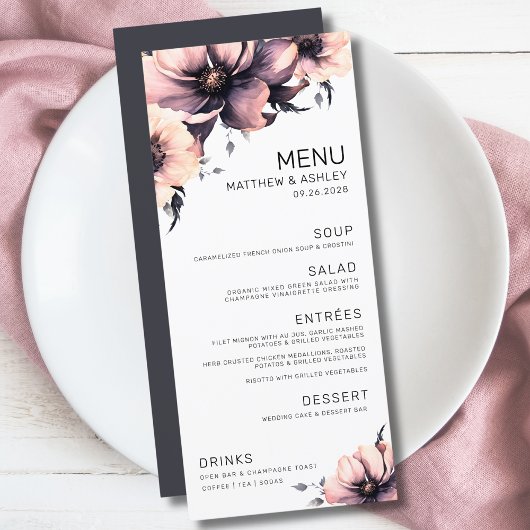 Moderne Elegante Roze Bloemige Bruiloft Menu