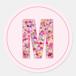 Moderne Elegante Roze Bloemige Monogram Letter M Ronde Sticker
