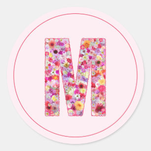 Moderne Elegante Roze Bloemige Monogram Letter M Ronde Sticker