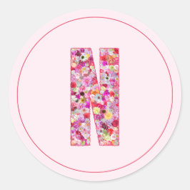 Moderne Elegante Roze Bloemige Monogram Letter N Ronde Sticker