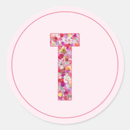 Moderne Elegante Roze Bloemige Monogram Letter T Ronde Sticker