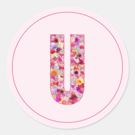 Moderne Elegante Roze Bloemige Monogram Letter U Ronde Sticker