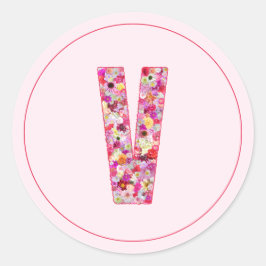 Moderne Elegante Roze Bloemige Monogram Letter V Ronde Sticker