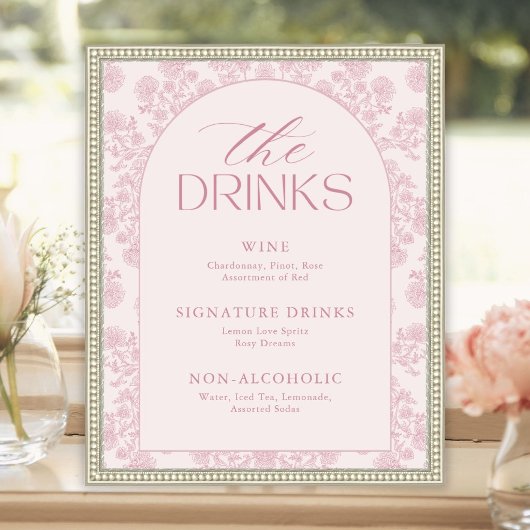 Moderne Elegante Roze Bruiloftsfeest Drankmenu Bor Poster