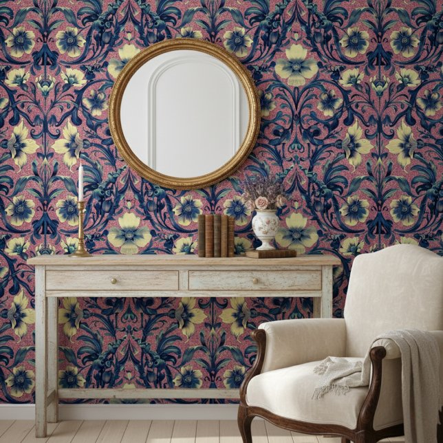 Moderne elegante roze en blauwe bloemenbarok behang (Creator heeft geüpload)