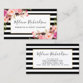 Moderne elegante roze Floral Black Striped Visitekaartje (Voorkant / Achterkant)