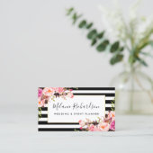 Moderne elegante roze Floral Black Striped Visitekaartje (Staand voorkant)