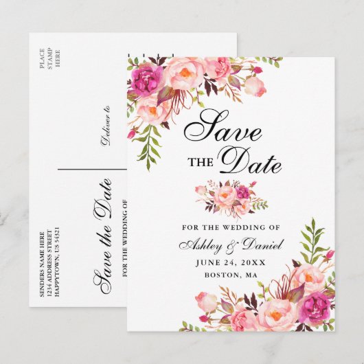 Moderne elegante roze Floral sla de datum op Aankondigingskaart (Voorkant / Achterkant)