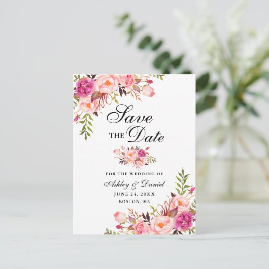 Moderne elegante roze Floral sla de datum op Aankondigingskaart (Staand voorkant)