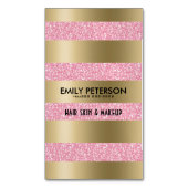 Moderne elegante roze glitter en gouden strepen magnetisch visitekaartje (Voorkant Verticaal)